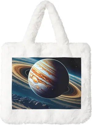 Planet Jupiter Printed Plush Handbag, White Soft Faux Rabbit Fur Shoulder Bag for Women, Suitable for Autumn and Winter