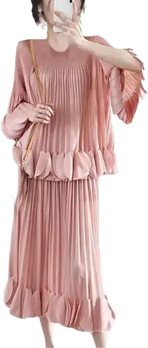 Pleated 2 Piece Set Women's Solid Color Loose O Neck Clothing