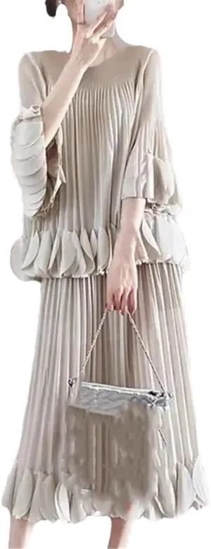 Pleated 2 Piece Set Women's Solid Color Loose O Neck Clothing