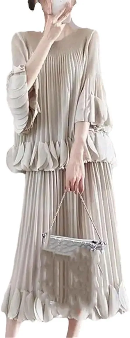 Pleated 2 Piece Set Women's Solid Color Loose O Neck Clothing