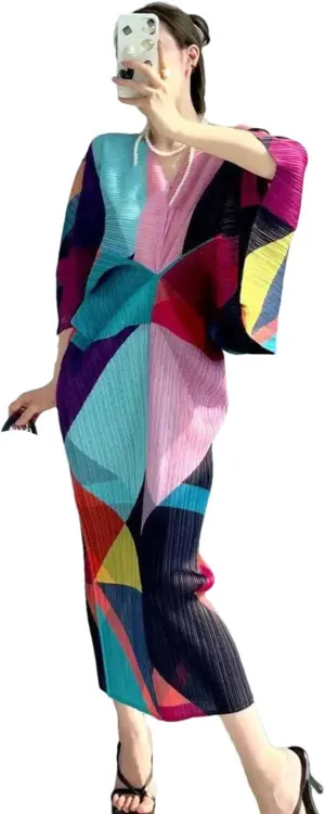 Pleated Batwing Sleeves Dress for Women's Print V-Neck Holiday Dresses