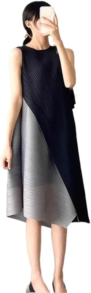Pleated Color Blocking Dress Sense of Color Collision Loose Pleated A-Line Skirt