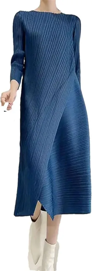 Pleated Solid Color Dress Round Neck Mid-Calf Dresses Office Lady