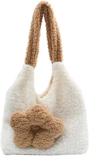 Plush Underarm Bag Ladies Fluffy Shoulder Bag, Women Furry Flower Tote Bag, Furry Purses and Handbags