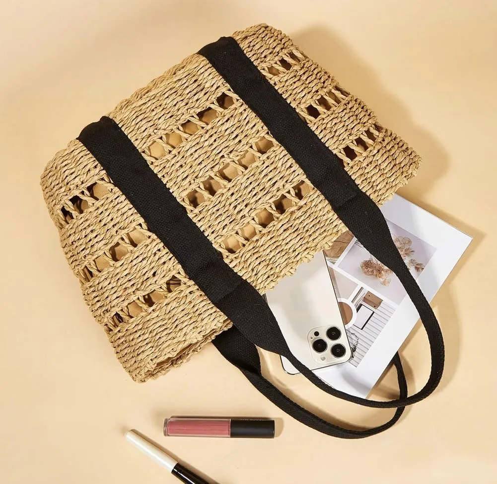 Pocadri Womens Straw Beach Bag Large Summer Woven Tote Bag Shoulder Handbags Top Handle Purse Travel Shopping