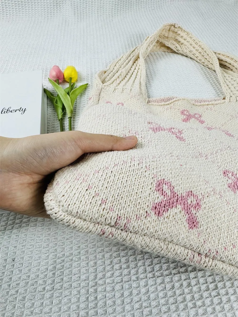 Pokn Heart Crochet Tote Bag Cute Purse for Women Cutecore Key Chain Y2K Accessories Valentines Aesthetic Handbags for Women