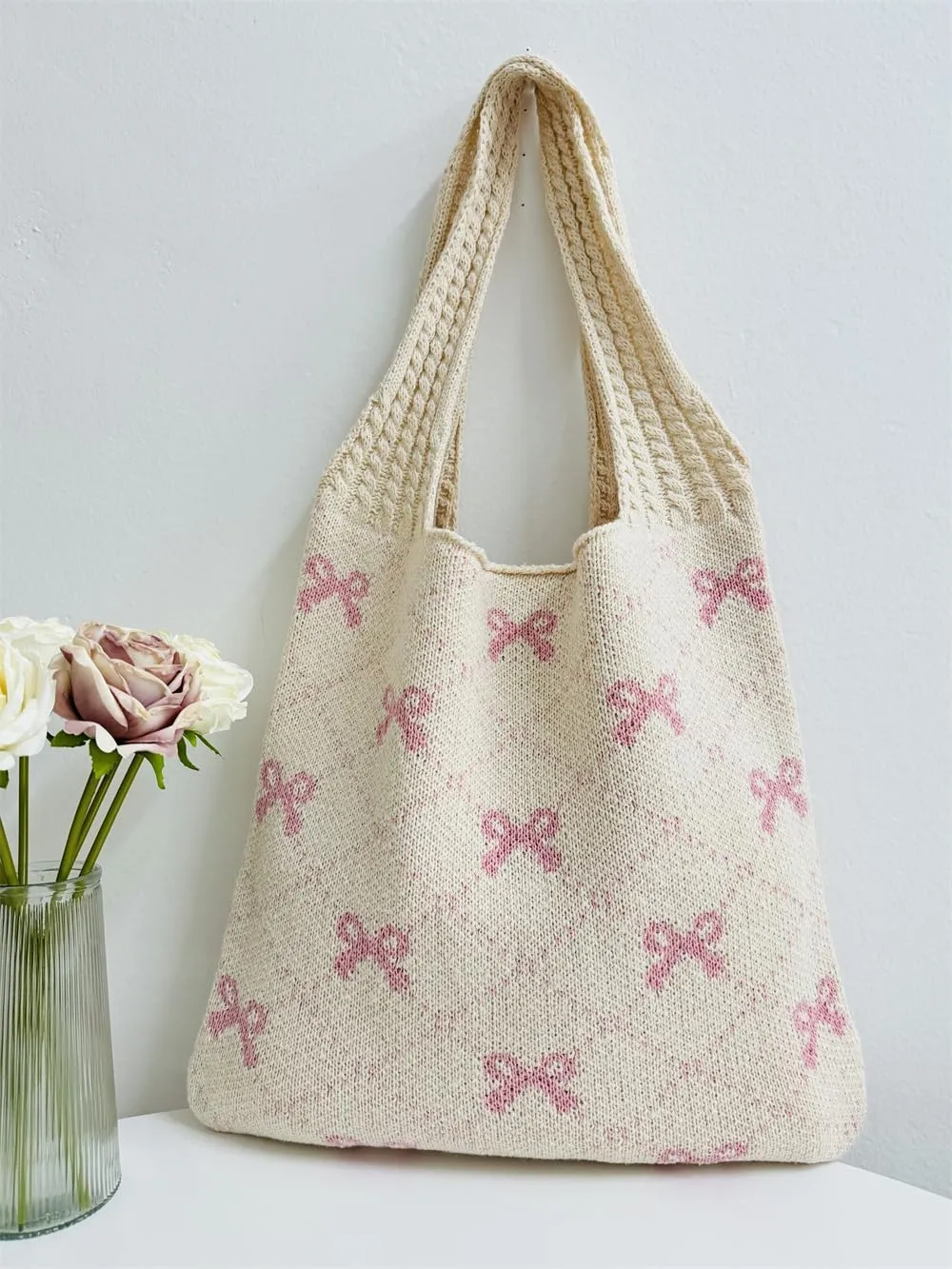 Pokn Heart Crochet Tote Bag Cute Purse for Women Cutecore Key Chain Y2K Accessories Valentines Aesthetic Handbags for Women