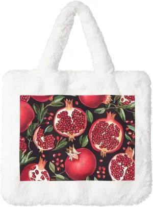 Pomegranate Pattern Printed Plush Handbag, White Soft Faux Rabbit Fur Shoulder Bag for Women, Suitable for Autumn and Winter