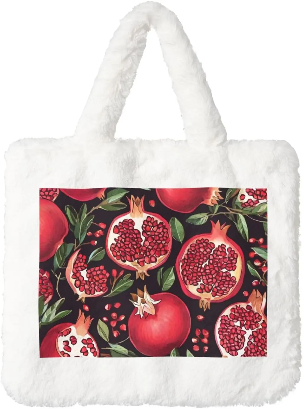 Pomegranate Pattern Printed Plush Handbag, White Soft Faux Rabbit Fur Shoulder Bag for Women, Suitable for Autumn and Winter