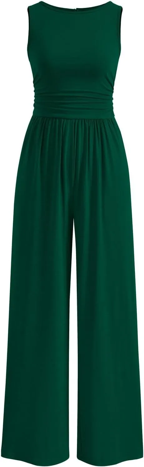 PRETTYGARDEN One Piece Jumpsuits for Women Dressy Casual Sleeveless Crewneck Wide Leg Rompers Jumpers Vacation Summer Outfits
