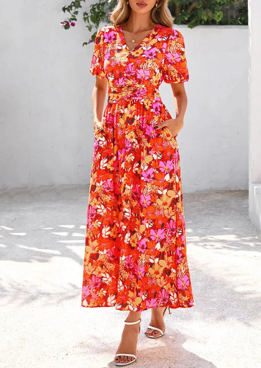 PRETTYGARDEN Summer Maxi Dresses for Women 2025 Floral V Neck Puff Sleeve Empire Waist A Line Flowy Long Beach Boho Dress