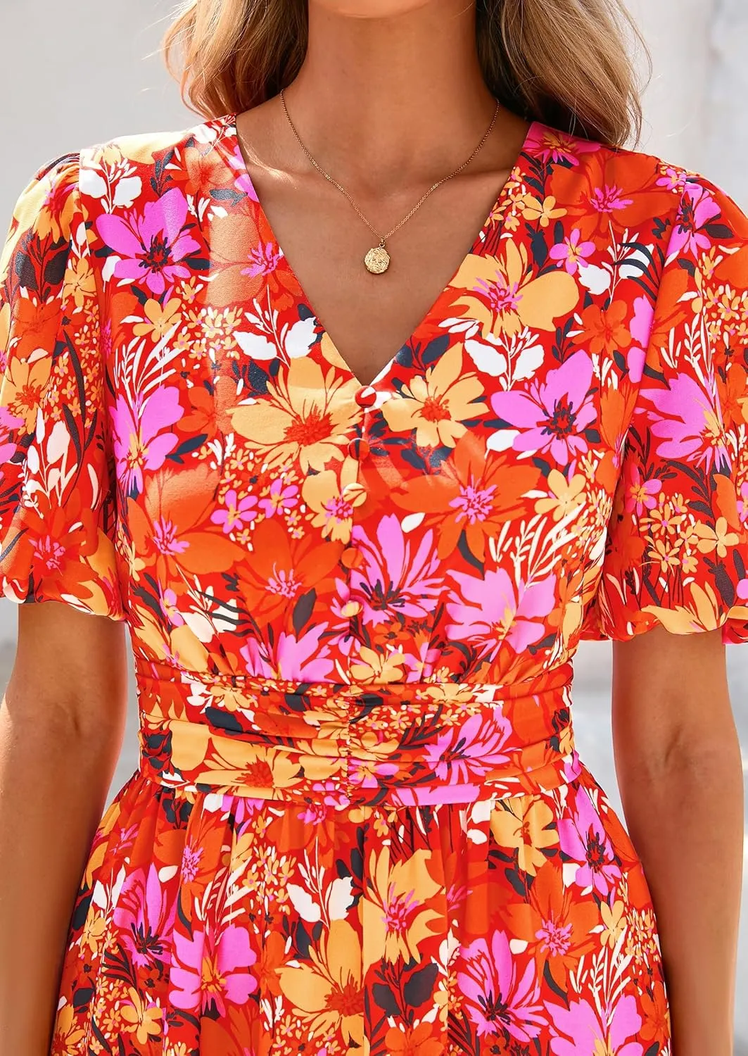 PRETTYGARDEN Summer Maxi Dresses for Women 2025 Floral V Neck Puff Sleeve Empire Waist A Line Flowy Long Beach Boho Dress