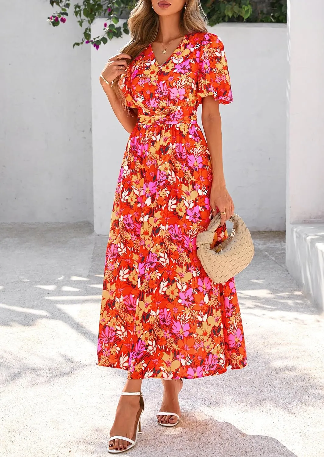 PRETTYGARDEN Summer Maxi Dresses for Women 2025 Floral V Neck Puff Sleeve Empire Waist A Line Flowy Long Beach Boho Dress