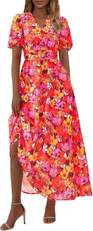 PRETTYGARDEN Summer Maxi Dresses for Women 2025 Floral V Neck Puff Sleeve Empire Waist A Line Flowy Long Beach Boho Dress
