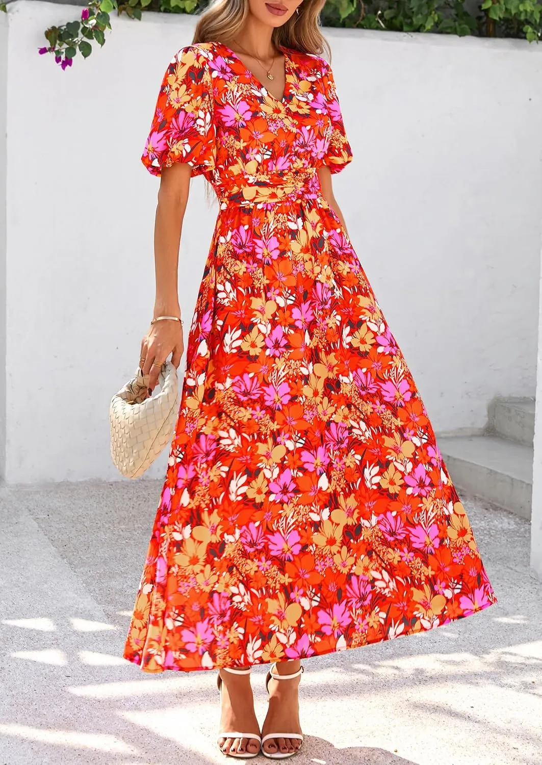 PRETTYGARDEN Summer Maxi Dresses for Women 2025 Floral V Neck Puff Sleeve Empire Waist A Line Flowy Long Beach Boho Dress