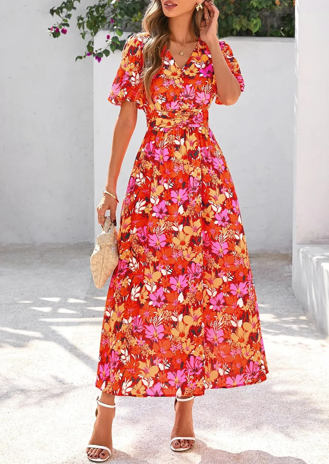 PRETTYGARDEN Summer Maxi Dresses for Women 2025 Floral V Neck Puff Sleeve Empire Waist A Line Flowy Long Beach Boho Dress