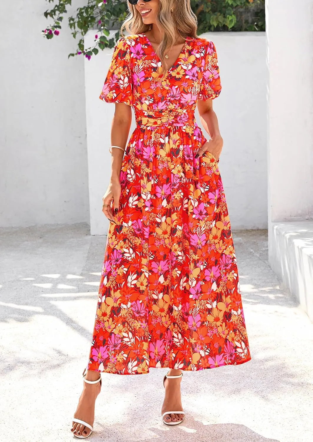 PRETTYGARDEN Summer Maxi Dresses for Women 2025 Floral V Neck Puff Sleeve Empire Waist A Line Flowy Long Beach Boho Dress