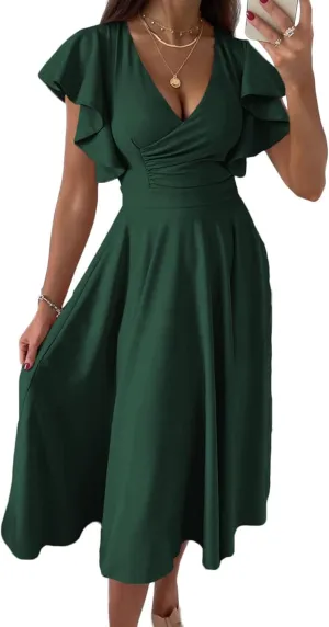 PRETTYGARDEN Summer Midi Dress 2025 Spring Ruffle Sleeve V Neck Cocktail Wedding Guest A Line Fit and Flared Dresses