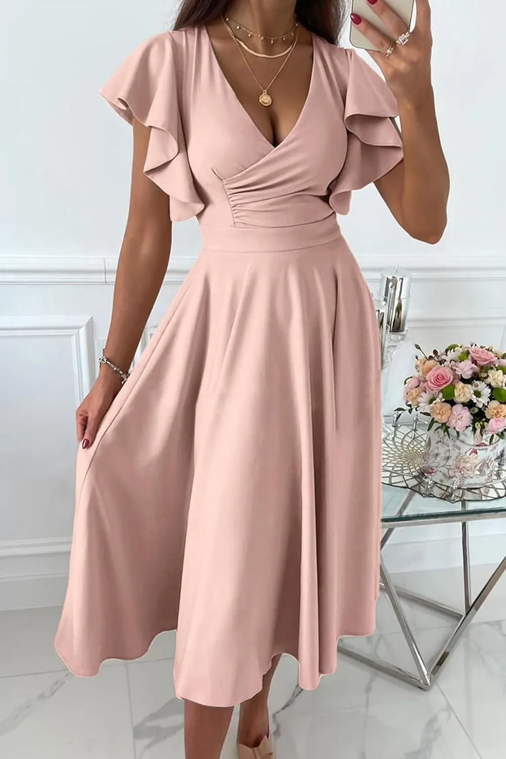 PRETTYGARDEN Summer Midi Dress 2025 Spring Ruffle Sleeve V Neck Cocktail Wedding Guest A Line Fit and Flared Dresses