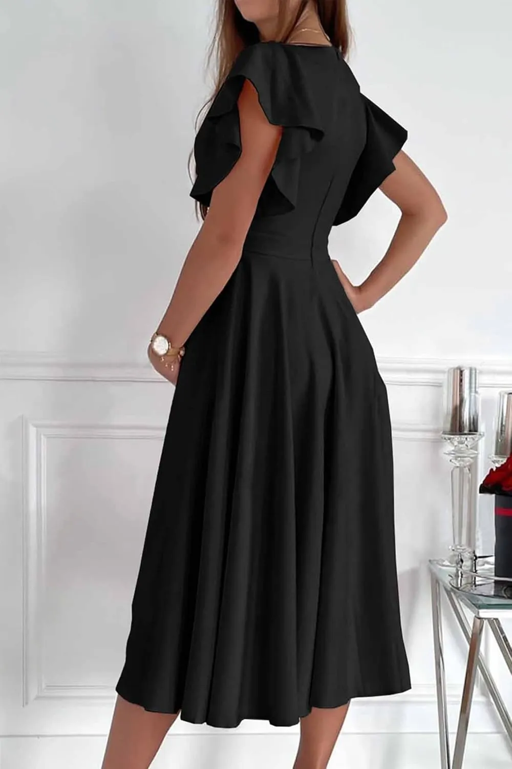 PRETTYGARDEN Summer Midi Dress 2025 Spring Ruffle Sleeve V Neck Cocktail Wedding Guest A Line Fit and Flared Dresses