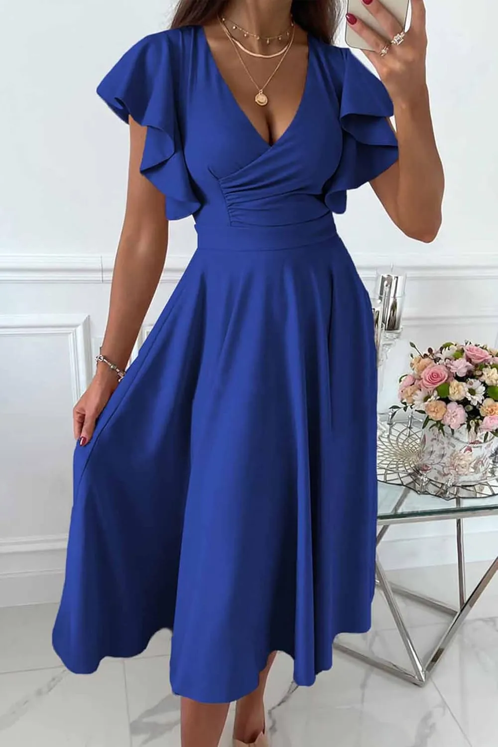 PRETTYGARDEN Summer Midi Dress 2025 Spring Ruffle Sleeve V Neck Cocktail Wedding Guest A Line Fit and Flared Dresses