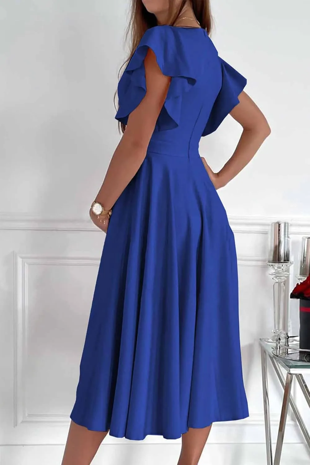 PRETTYGARDEN Summer Midi Dress 2025 Spring Ruffle Sleeve V Neck Cocktail Wedding Guest A Line Fit and Flared Dresses