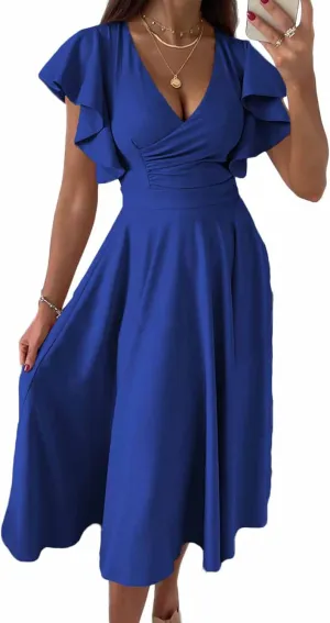 PRETTYGARDEN Summer Midi Dress 2025 Spring Ruffle Sleeve V Neck Cocktail Wedding Guest A Line Fit and Flared Dresses