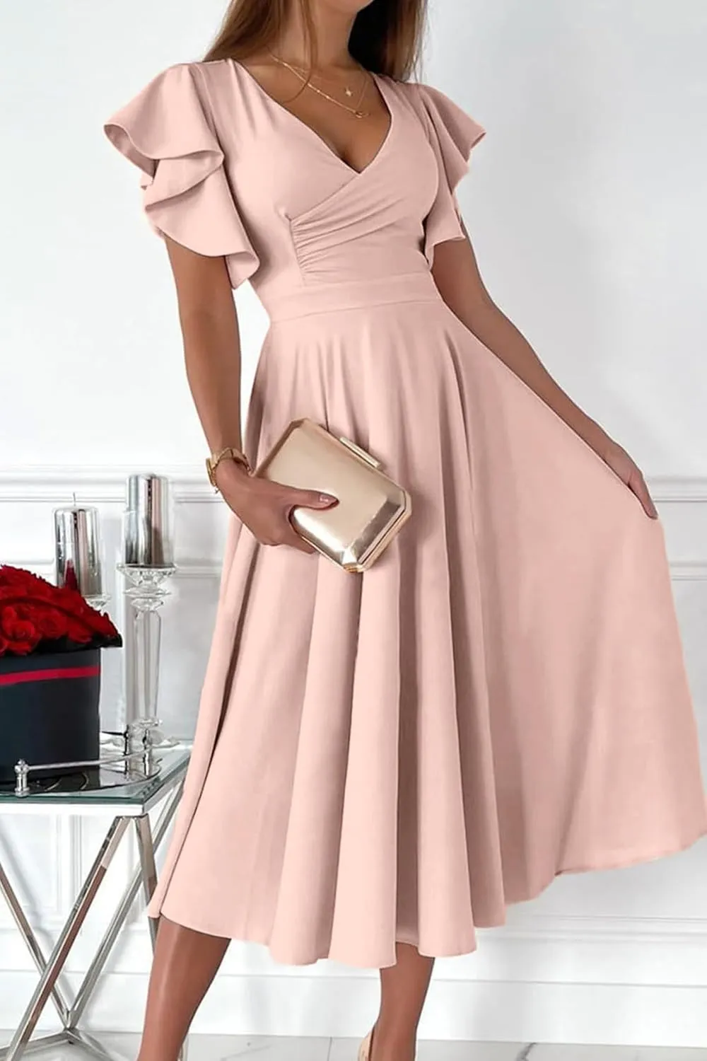 PRETTYGARDEN Summer Midi Dress 2025 Spring Ruffle Sleeve V Neck Cocktail Wedding Guest A Line Fit and Flared Dresses