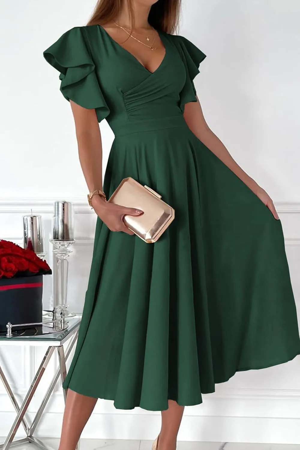 PRETTYGARDEN Summer Midi Dress 2025 Spring Ruffle Sleeve V Neck Cocktail Wedding Guest A Line Fit and Flared Dresses