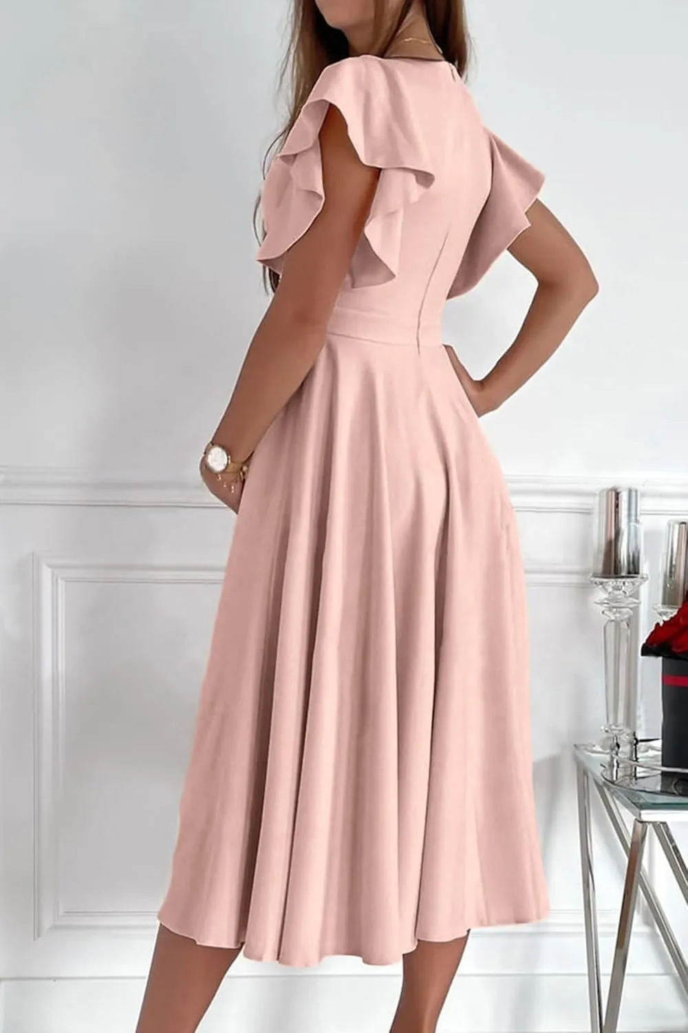 PRETTYGARDEN Summer Midi Dress 2025 Spring Ruffle Sleeve V Neck Cocktail Wedding Guest A Line Fit and Flared Dresses