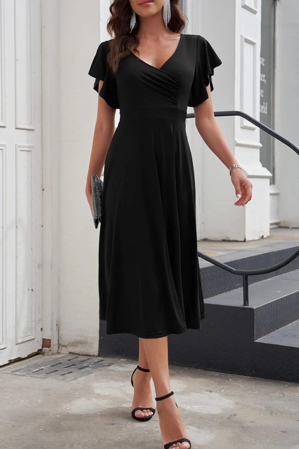 PRETTYGARDEN Summer Midi Dress 2025 Spring Ruffle Sleeve V Neck Cocktail Wedding Guest A Line Fit and Flared Dresses
