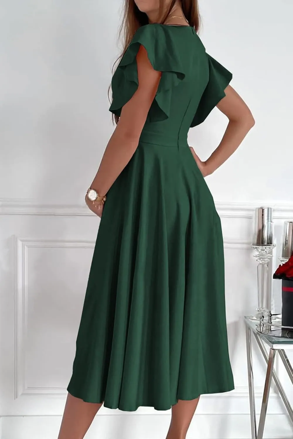PRETTYGARDEN Summer Midi Dress 2025 Spring Ruffle Sleeve V Neck Cocktail Wedding Guest A Line Fit and Flared Dresses