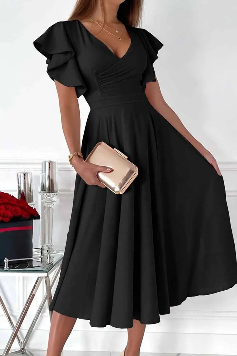 PRETTYGARDEN Summer Midi Dress 2025 Spring Ruffle Sleeve V Neck Cocktail Wedding Guest A Line Fit and Flared Dresses