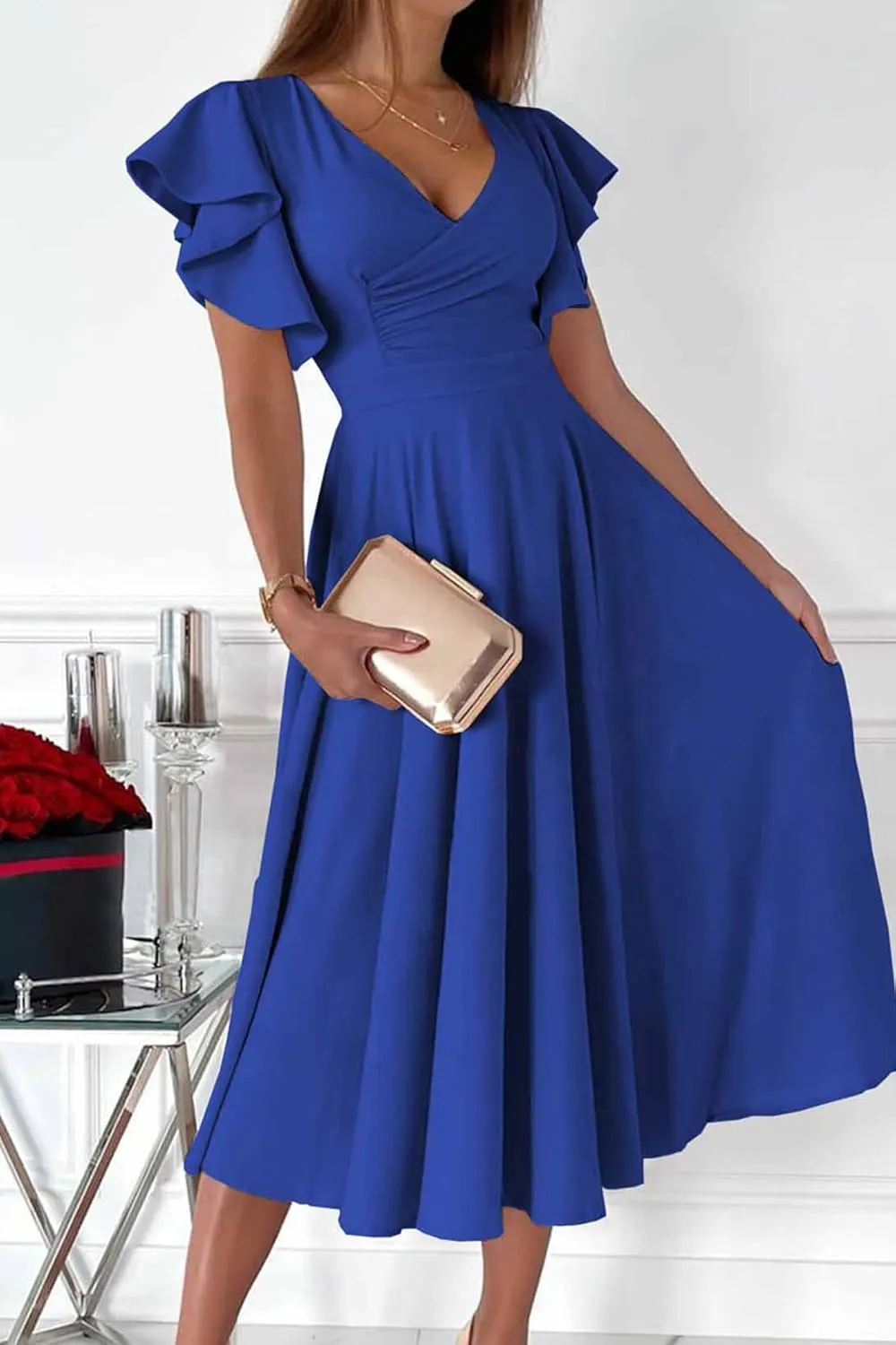 PRETTYGARDEN Summer Midi Dress 2025 Spring Ruffle Sleeve V Neck Cocktail Wedding Guest A Line Fit and Flared Dresses