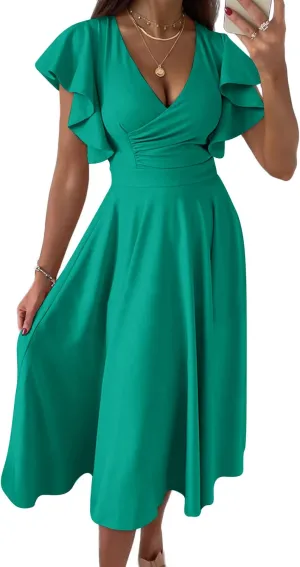 PRETTYGARDEN Summer Midi Dress 2025 Spring Ruffle Sleeve V Neck Cocktail Wedding Guest A Line Fit and Flared Dresses