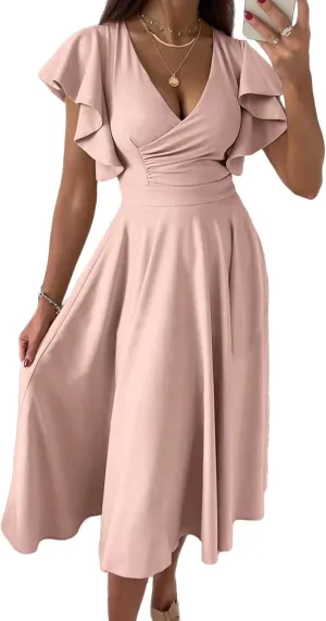 PRETTYGARDEN Summer Midi Dress 2025 Spring Ruffle Sleeve V Neck Cocktail Wedding Guest A Line Fit and Flared Dresses