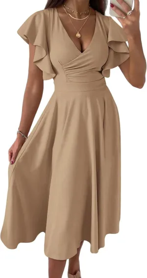 PRETTYGARDEN Summer Midi Dress 2025 Spring Ruffle Sleeve V Neck Cocktail Wedding Guest A Line Fit and Flared Dresses
