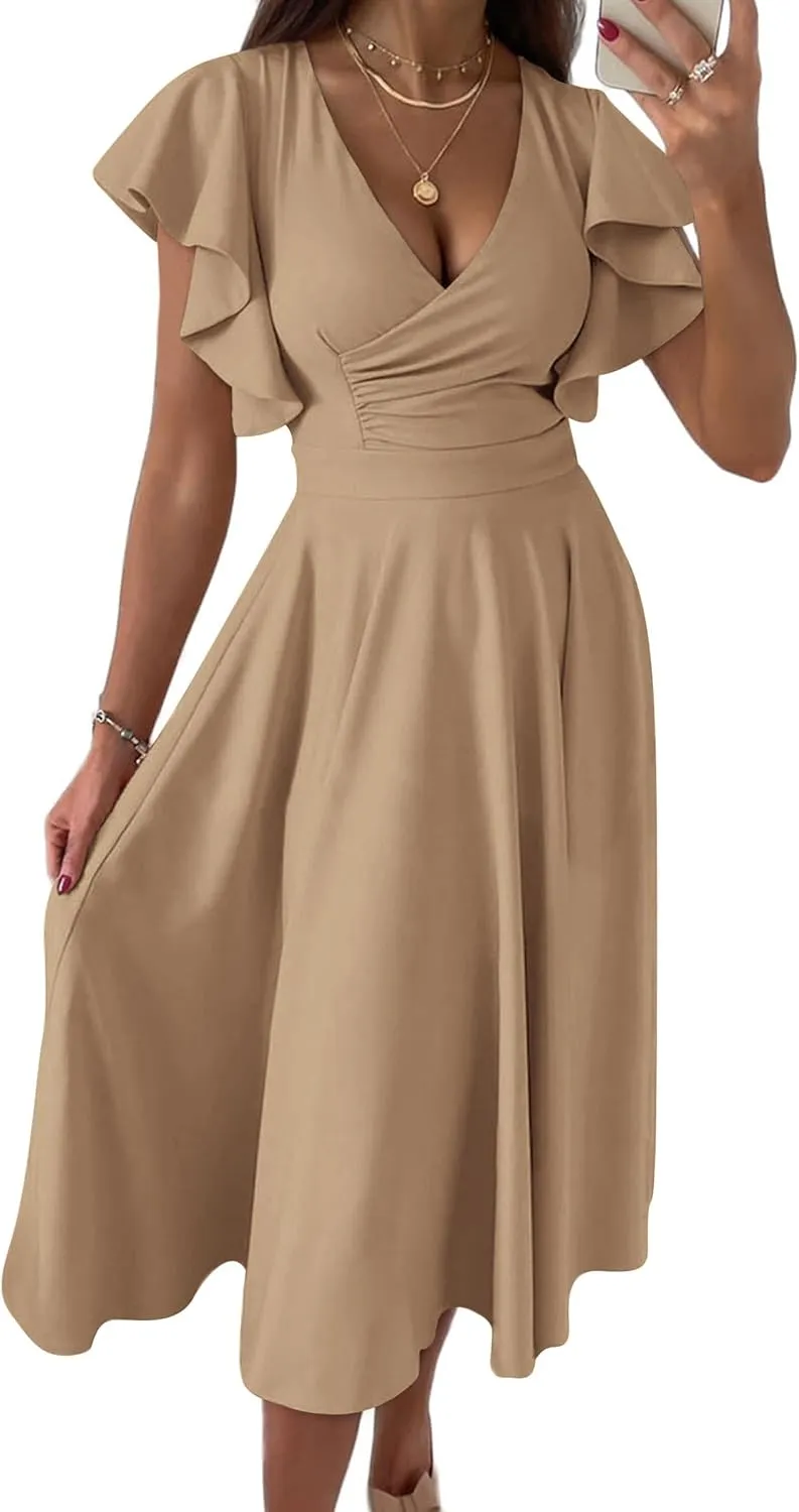 PRETTYGARDEN Summer Midi Dress 2025 Spring Ruffle Sleeve V Neck Cocktail Wedding Guest A Line Fit and Flared Dresses