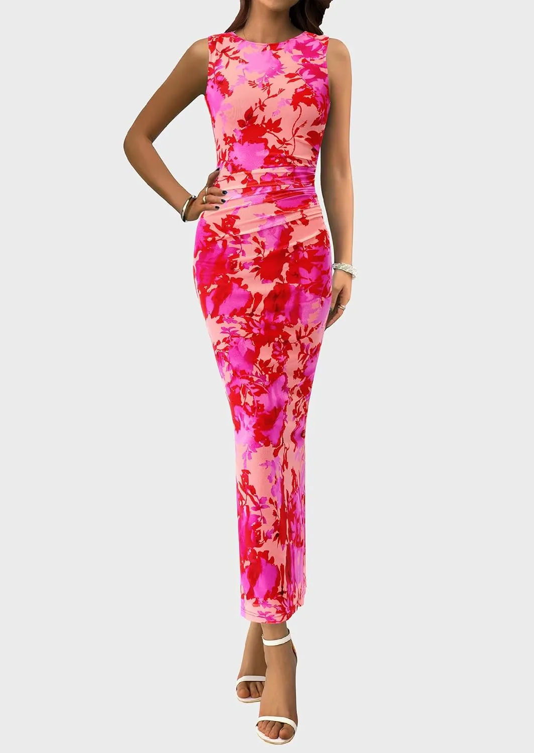 PRETTYGARDEN Wedding Guest Dresses for Women 2025 Summer Spring Floral Bodycon Sleeveless Mesh Maxi Long Dress