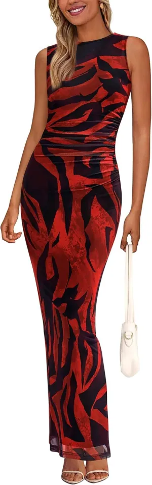 PRETTYGARDEN Wedding Guest Dresses for Women 2025 Summer Spring Floral Bodycon Sleeveless Mesh Maxi Long Dress