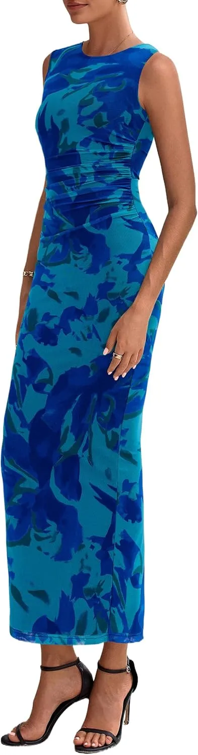 PRETTYGARDEN Wedding Guest Dresses for Women 2025 Summer Spring Floral Bodycon Sleeveless Mesh Maxi Long Dress