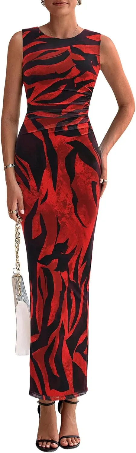 PRETTYGARDEN Wedding Guest Dresses for Women 2025 Summer Spring Floral Bodycon Sleeveless Mesh Maxi Long Dress
