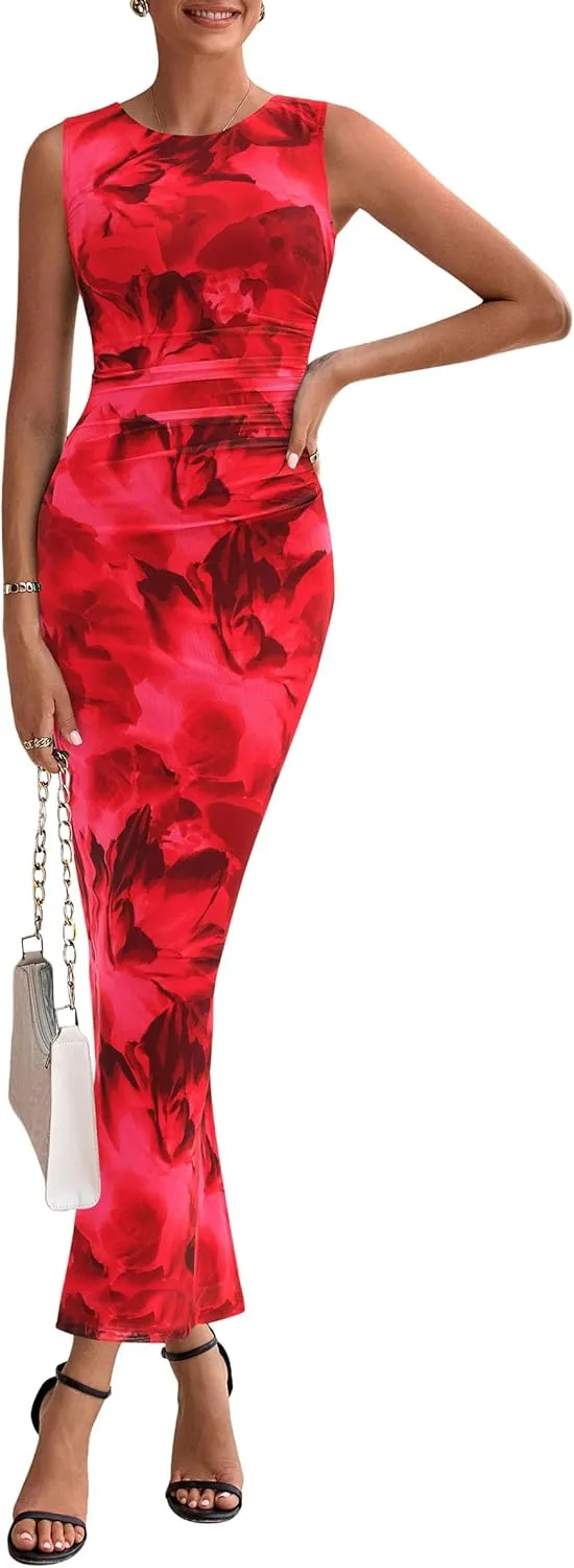 PRETTYGARDEN Wedding Guest Dresses for Women 2025 Summer Spring Floral Bodycon Sleeveless Mesh Maxi Long Dress