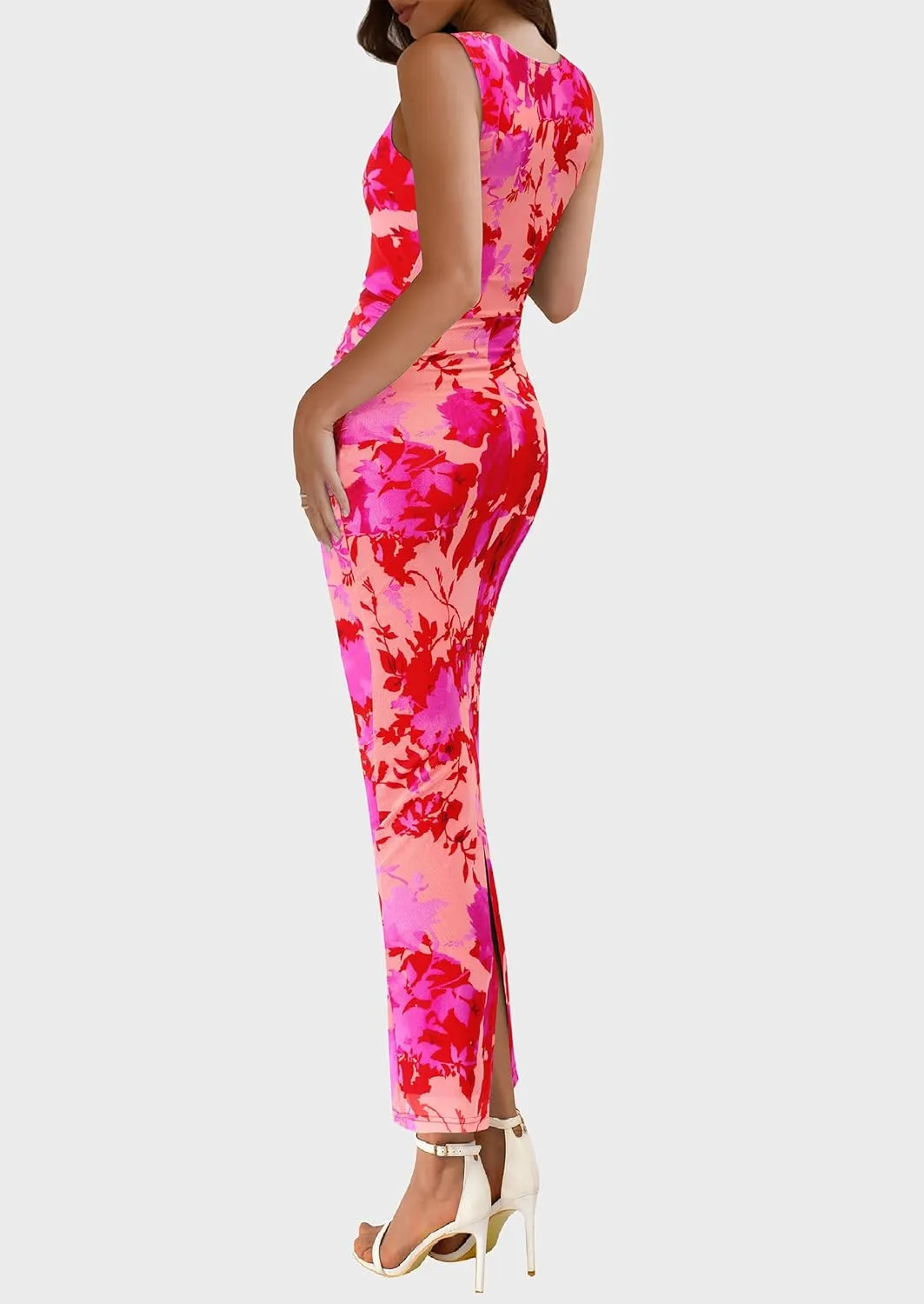 PRETTYGARDEN Wedding Guest Dresses for Women 2025 Summer Spring Floral Bodycon Sleeveless Mesh Maxi Long Dress