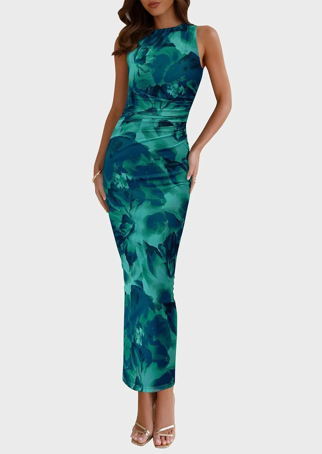 PRETTYGARDEN Wedding Guest Dresses for Women 2025 Summer Spring Floral Bodycon Sleeveless Mesh Maxi Long Dress
