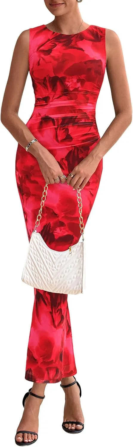 PRETTYGARDEN Wedding Guest Dresses for Women 2025 Summer Spring Floral Bodycon Sleeveless Mesh Maxi Long Dress
