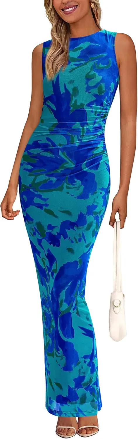 PRETTYGARDEN Wedding Guest Dresses for Women 2025 Summer Spring Floral Bodycon Sleeveless Mesh Maxi Long Dress