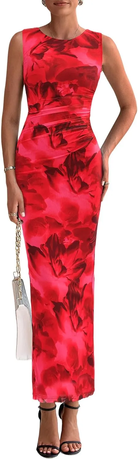 PRETTYGARDEN Wedding Guest Dresses for Women 2025 Summer Spring Floral Bodycon Sleeveless Mesh Maxi Long Dress