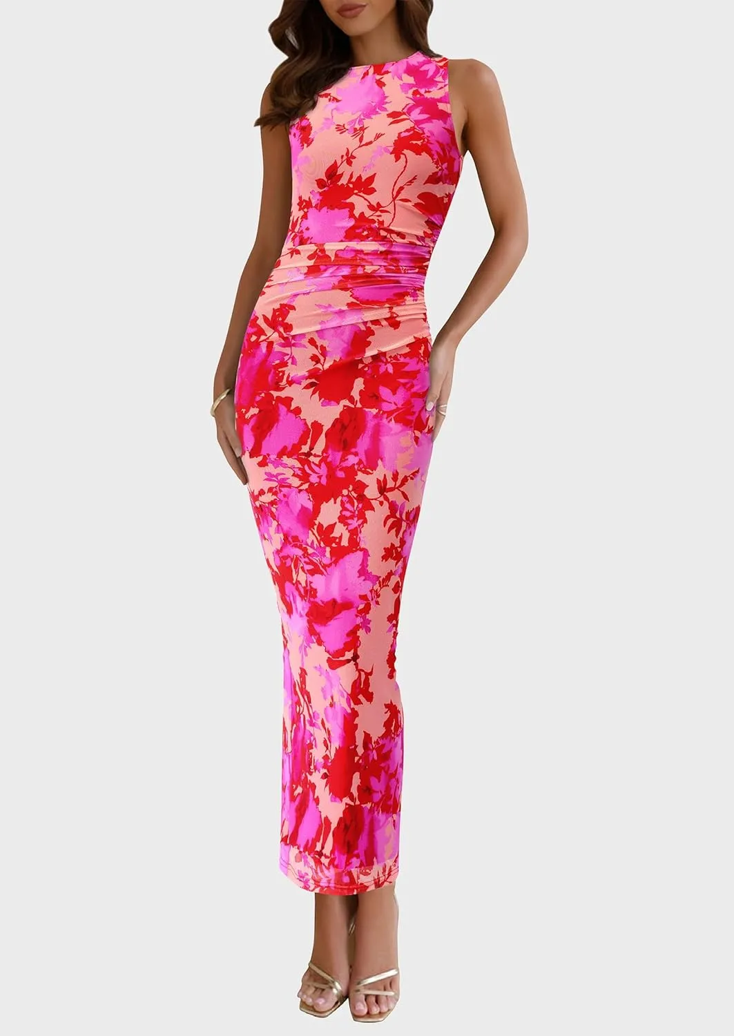 PRETTYGARDEN Wedding Guest Dresses for Women 2025 Summer Spring Floral Bodycon Sleeveless Mesh Maxi Long Dress