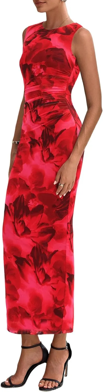PRETTYGARDEN Wedding Guest Dresses for Women 2025 Summer Spring Floral Bodycon Sleeveless Mesh Maxi Long Dress
